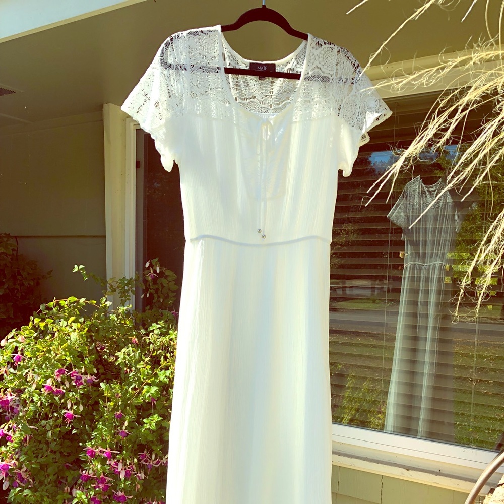 Full length white dress w/ lace top, sleeves.